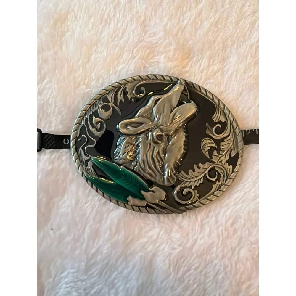 Vintage Western Horse Head Belt Buckle Black Enamel Green Feather Silver Tone